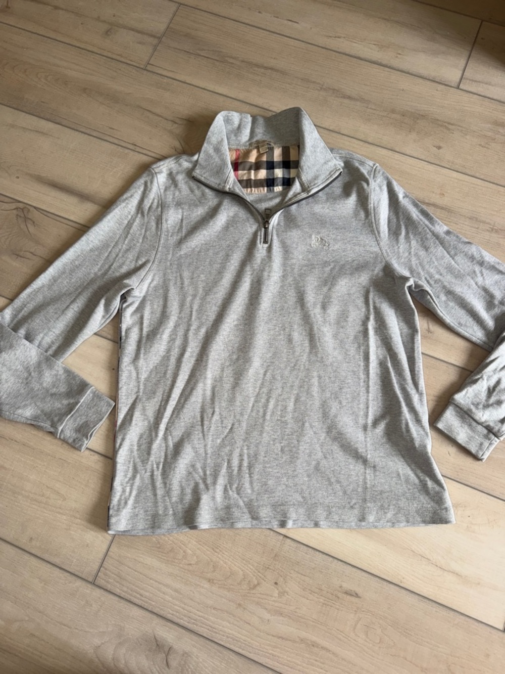 Burberry Light Gray Quarter Zip Cotton Sweatshirt Signature Check Collar